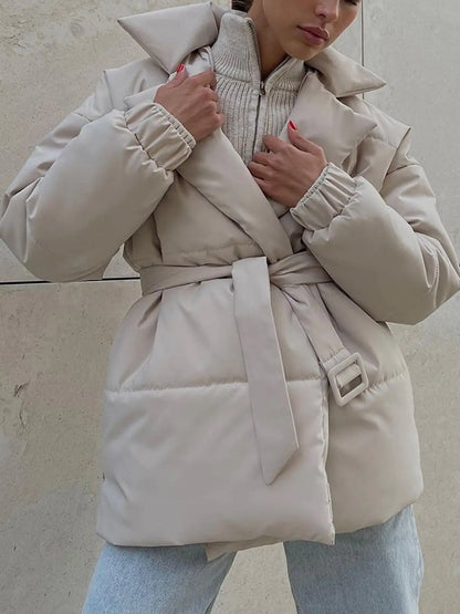 Puffer Long Sleeve Winter Coat with Belt Linen London