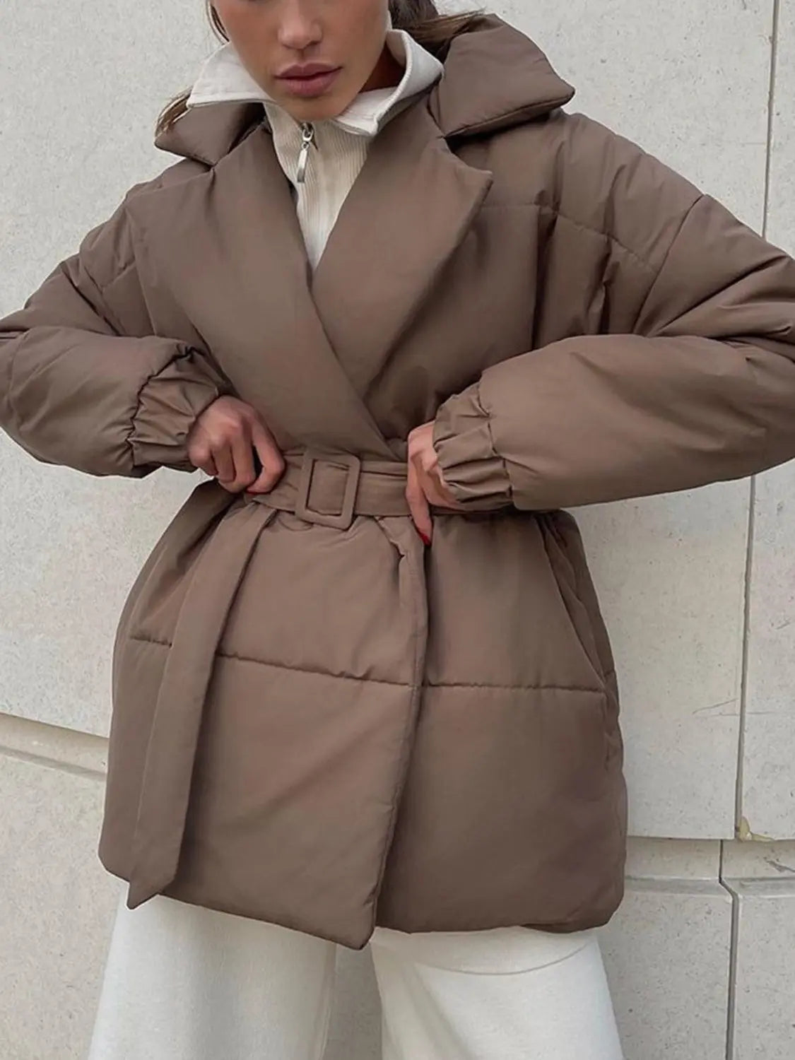 Puffer Long Sleeve Winter Coat with Belt Linen London