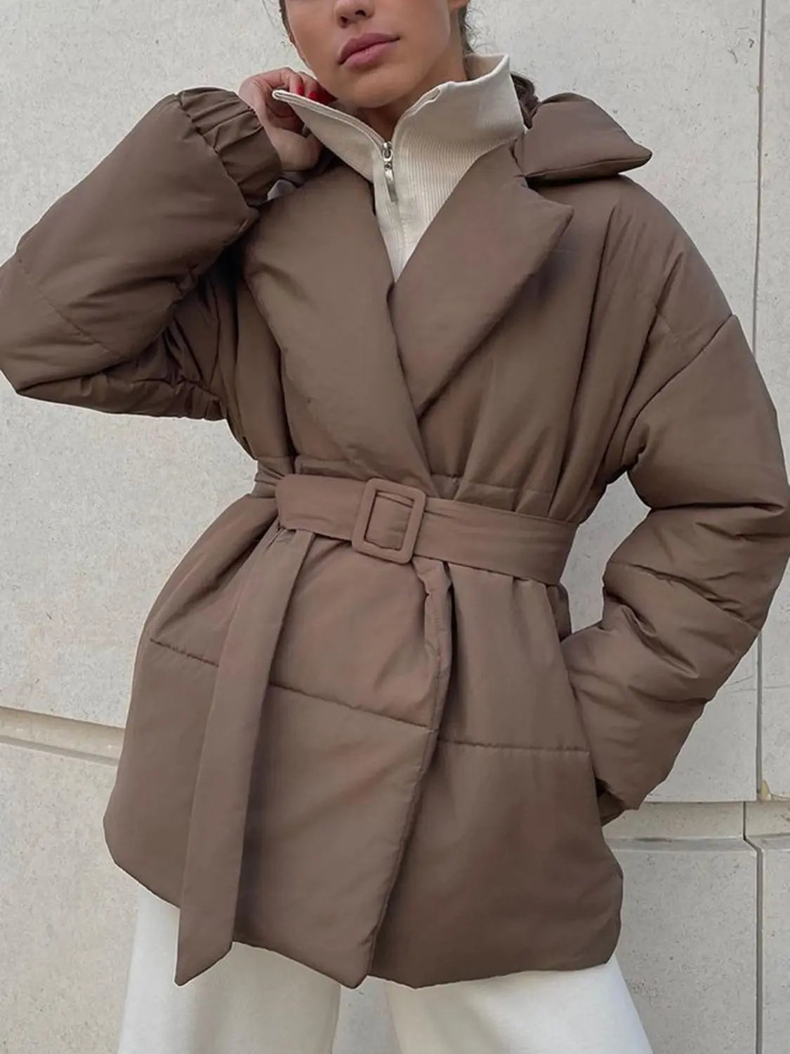 Puffer Long Sleeve Winter Coat with Belt Linen London