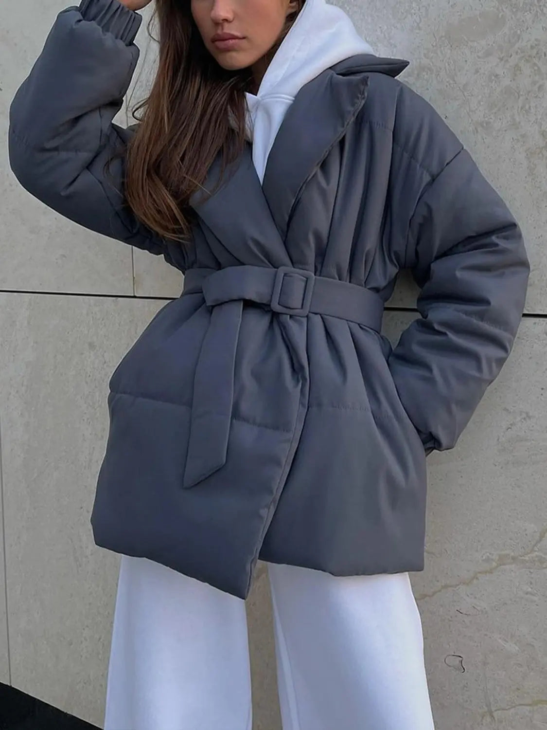 Puffer Long Sleeve Winter Coat with Belt Linen London