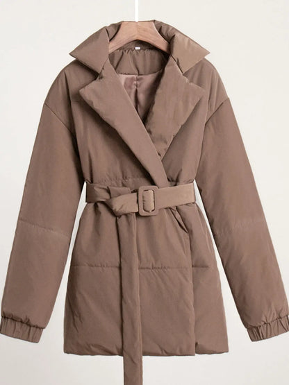 Puffer Long Sleeve Winter Coat with Belt Linen London